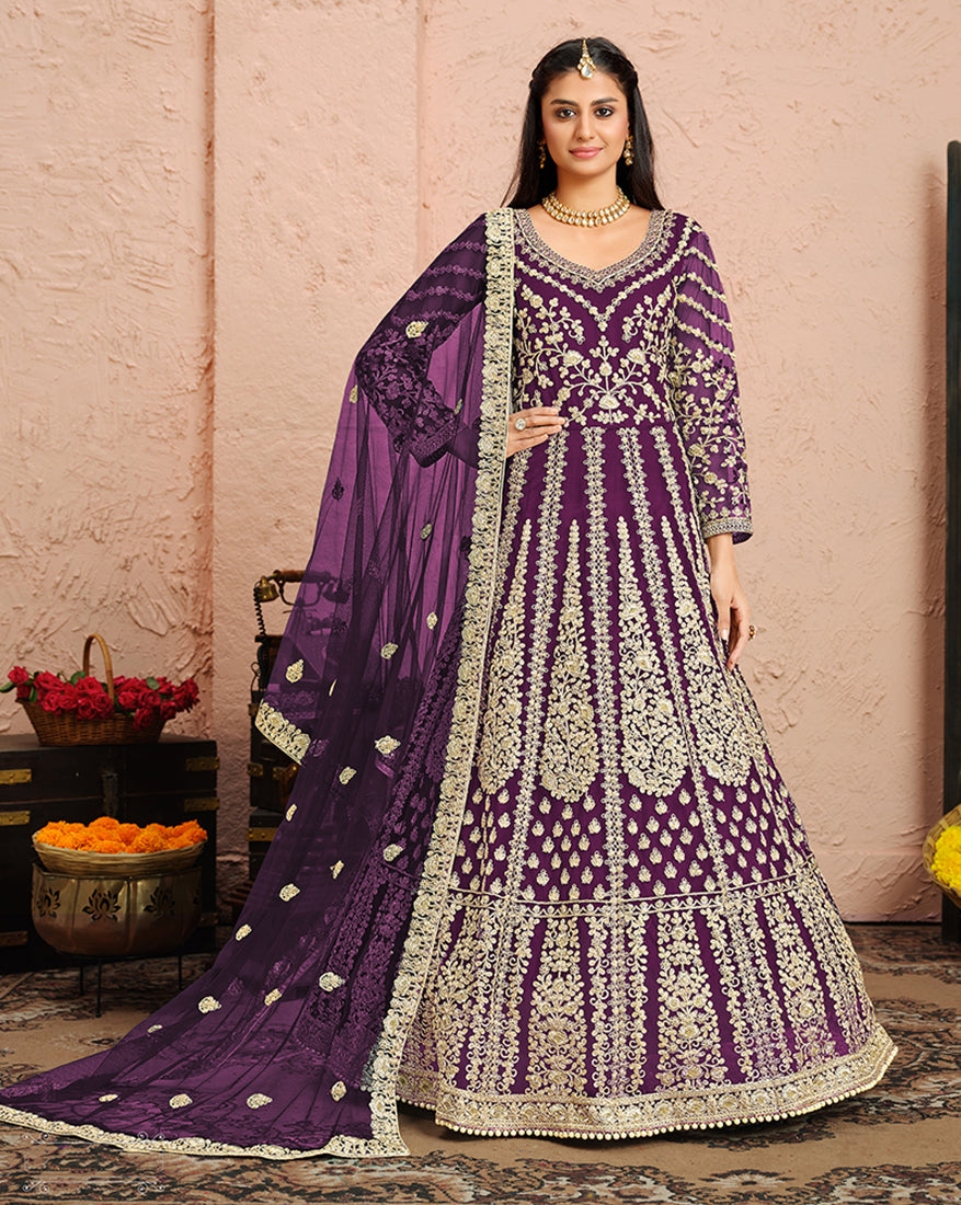 Women's Purple Net Designer Floor Length Anarkali Suit