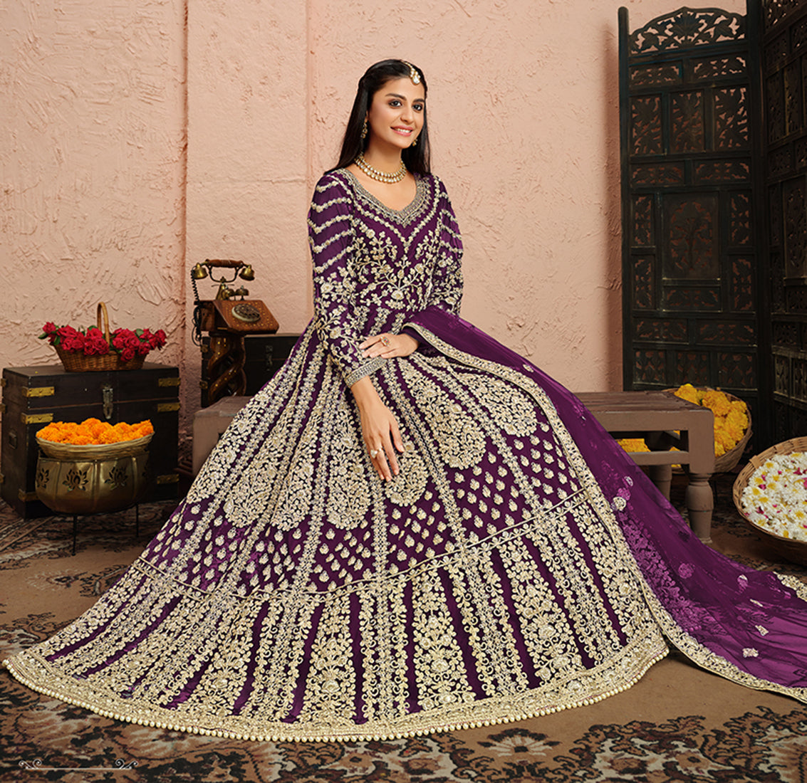 Women's Purple Net Designer Floor Length Anarkali Suit