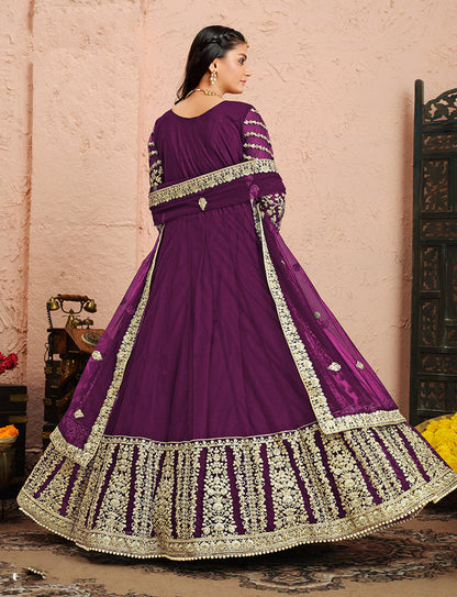 Women's Purple Net Designer Floor Length Anarkali Suit