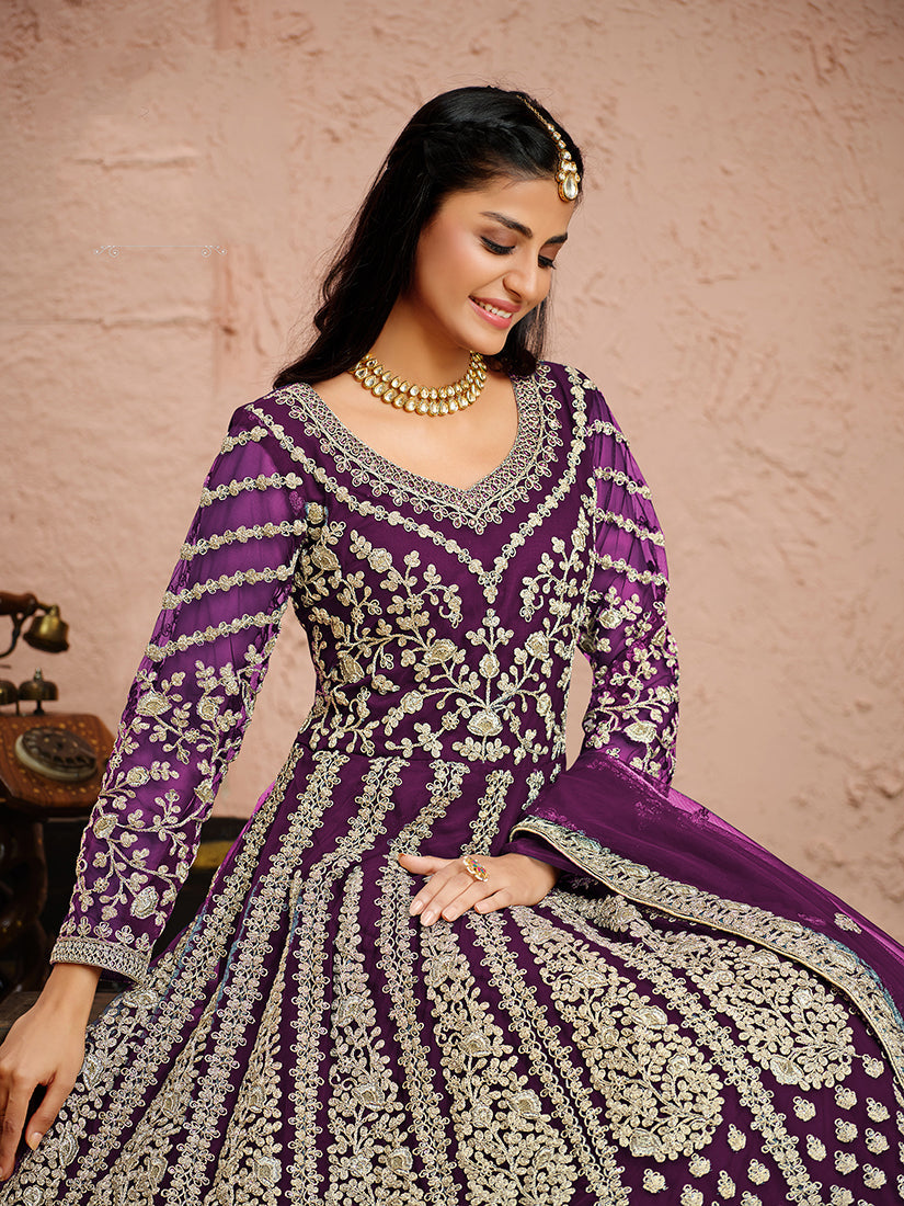 Women's Purple Net Designer Floor Length Anarkali Suit