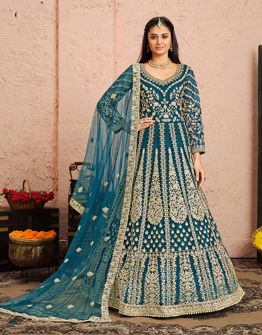 Women's Teal Net Designer Floor Length Anarkali Suit