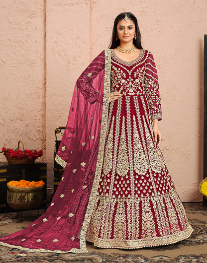 Women's Magenta Net Designer Floor Length Anarkali Suit