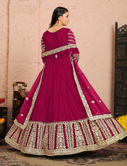 Women's Magenta Net Designer Floor Length Anarkali Suit