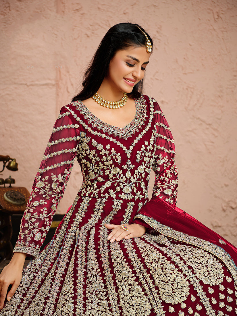 Women's Magenta Net Designer Floor Length Anarkali Suit