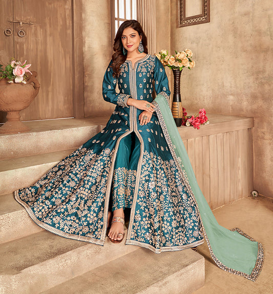 Women's Embroidered Teal Floor Length Designer Suit