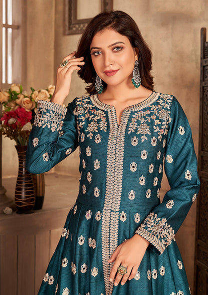 Women's Embroidered Teal Floor Length Designer Suit