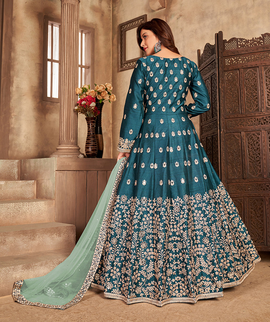 Women's Embroidered Teal Floor Length Designer Suit