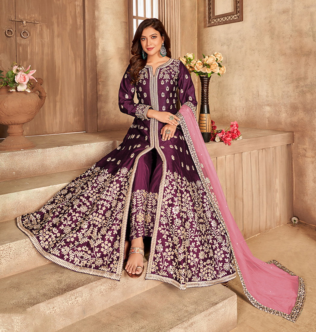 Women's Embroidered Wine Floor Length Designer Suit