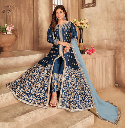 Women's Embroidered Royal Blue Floor Length Designer Suit