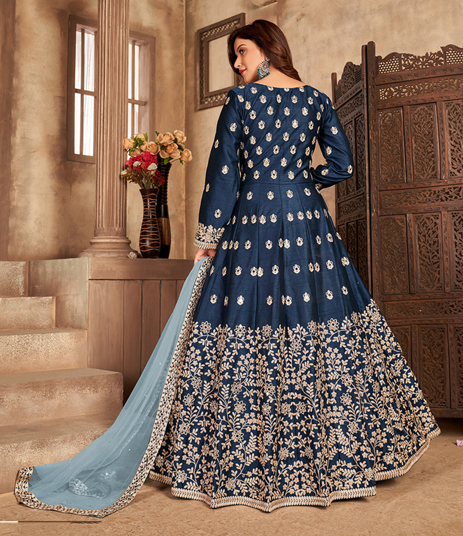 Women's Embroidered Royal Blue Floor Length Designer Suit