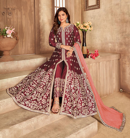 Women's Embroidered Maroon Floor Length Designer Suit