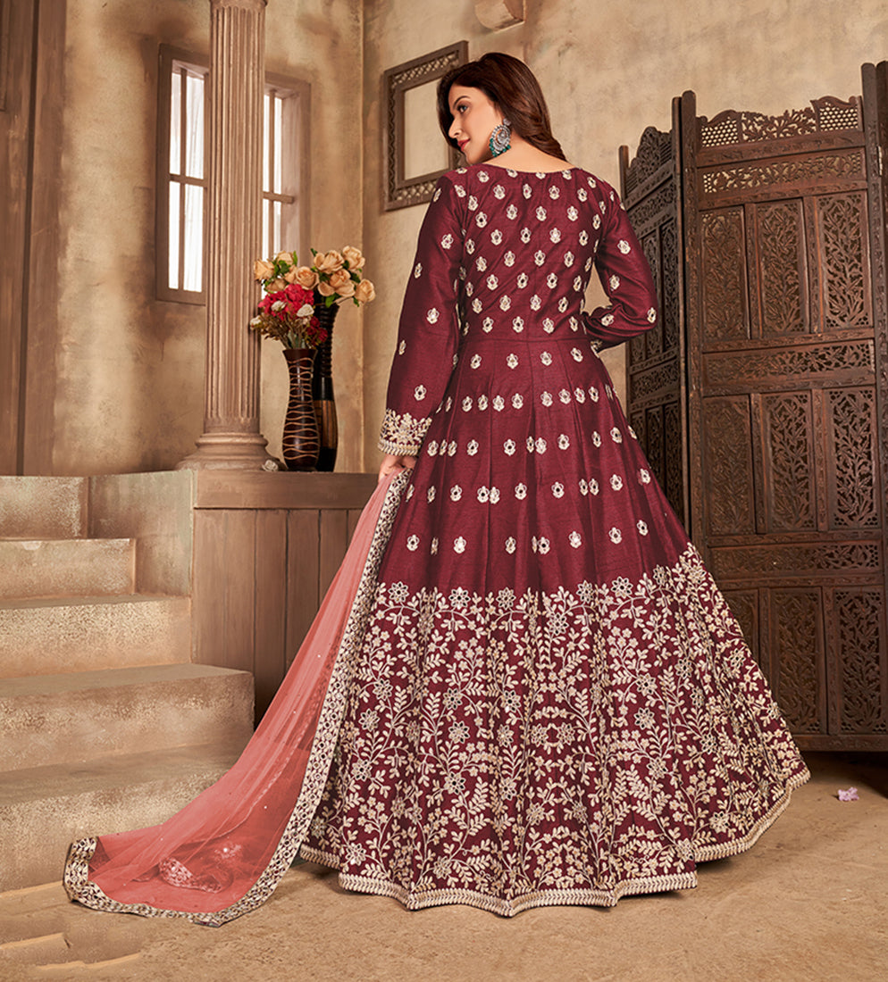 Women's Embroidered Maroon Floor Length Designer Suit