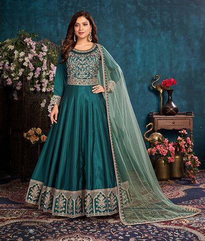 Women's Dark Teal Wedding Floor Length Designer Suit