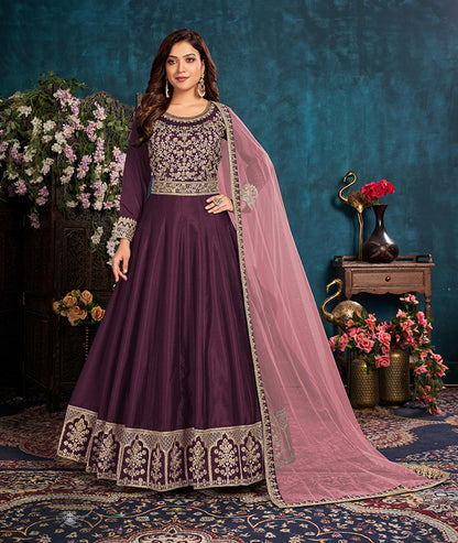 Women's Dark Wine Wedding Floor Length Designer Suit