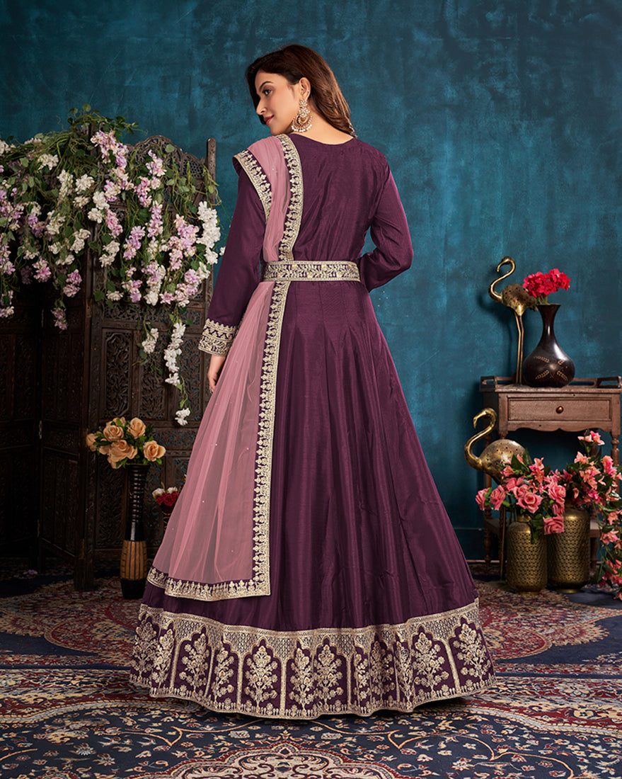 Women's Dark Wine Wedding Floor Length Designer Suit