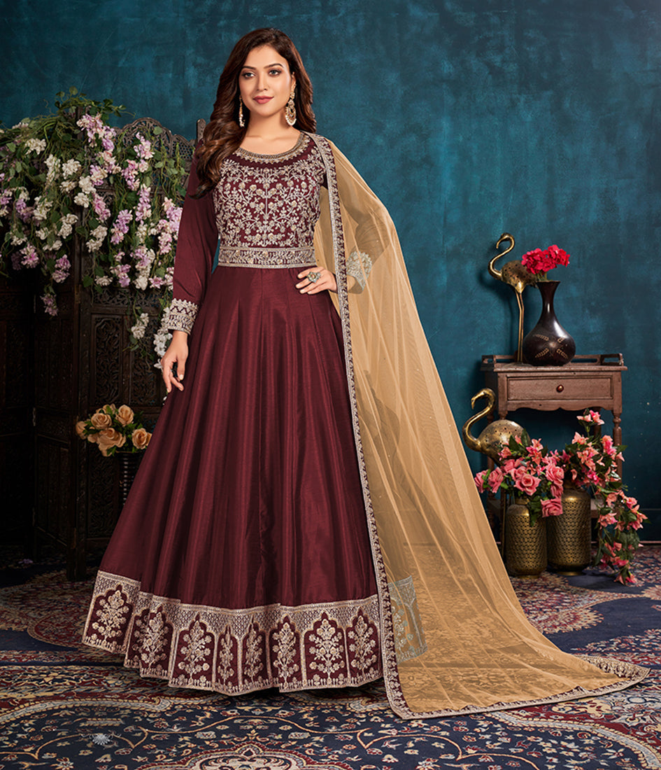 Women's Burgundy Wedding Floor Length Designer Suit