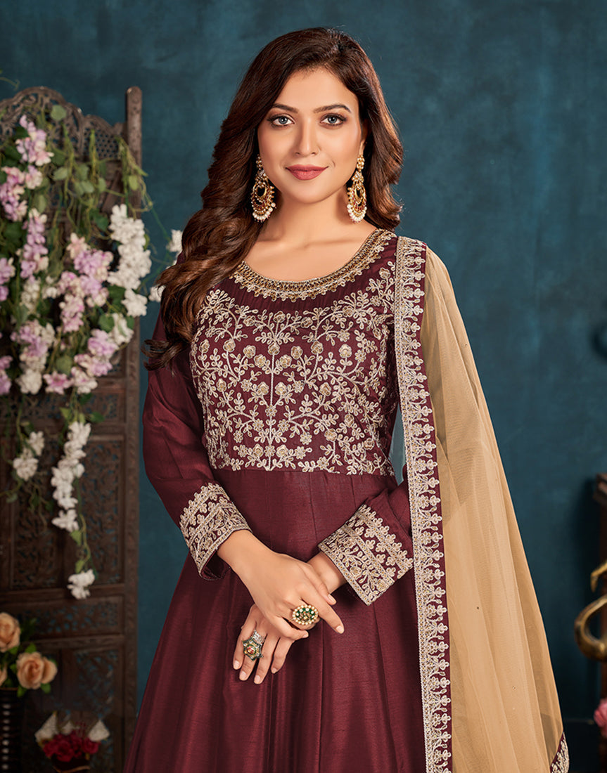 Women's Burgundy Wedding Floor Length Designer Suit