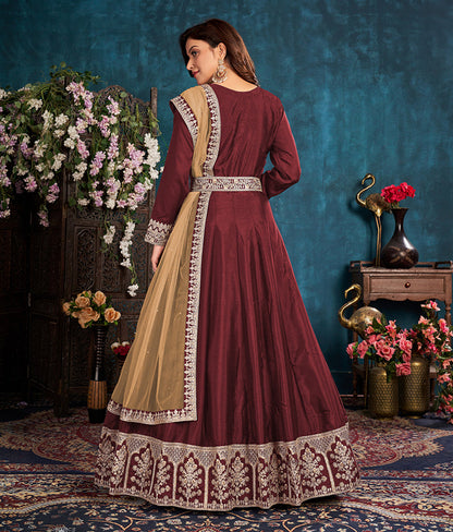 Women's Burgundy Wedding Floor Length Designer Suit