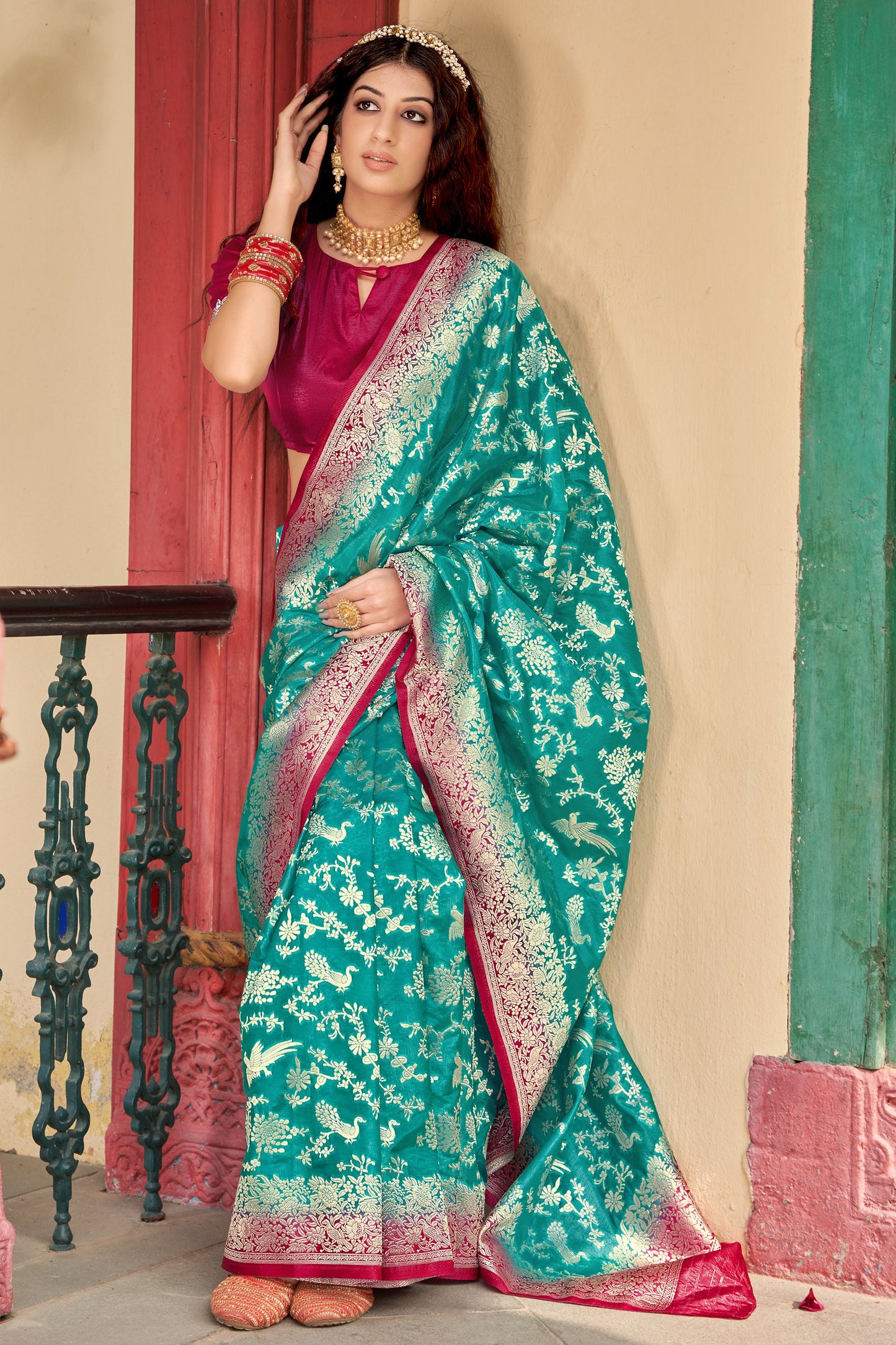 Women's Organza Silk Light Teal Colour Trendy Saree