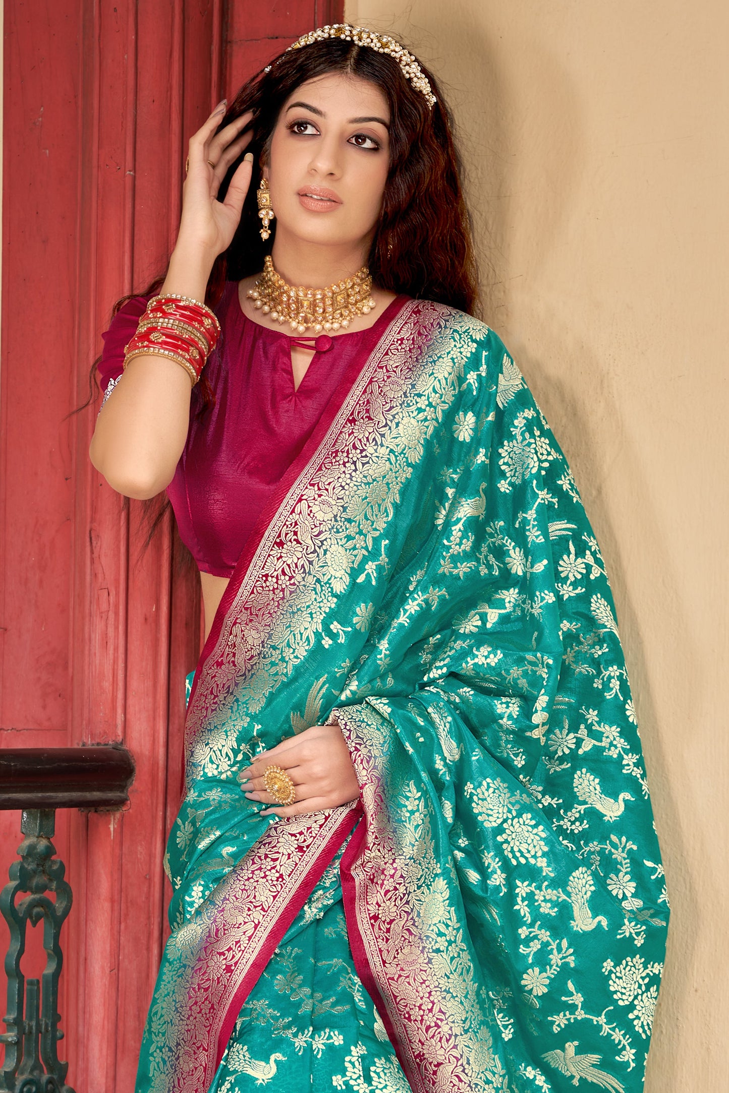 Women's Organza Silk Light Teal Colour Trendy Saree