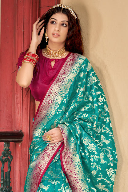 Women's Organza Silk Light Teal Colour Trendy Saree