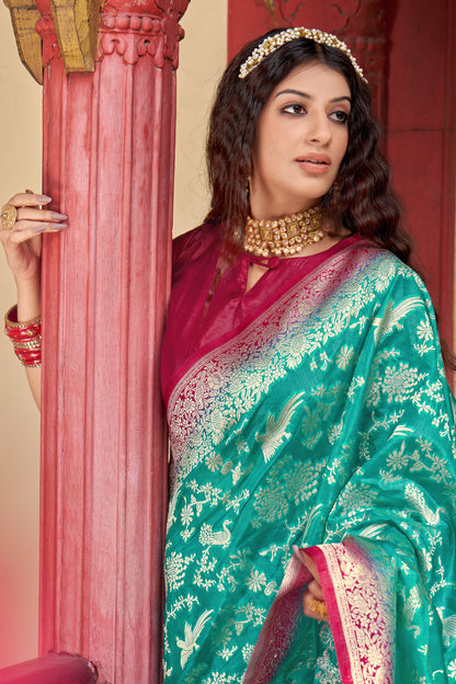 Women's Organza Silk Light Teal Colour Trendy Saree