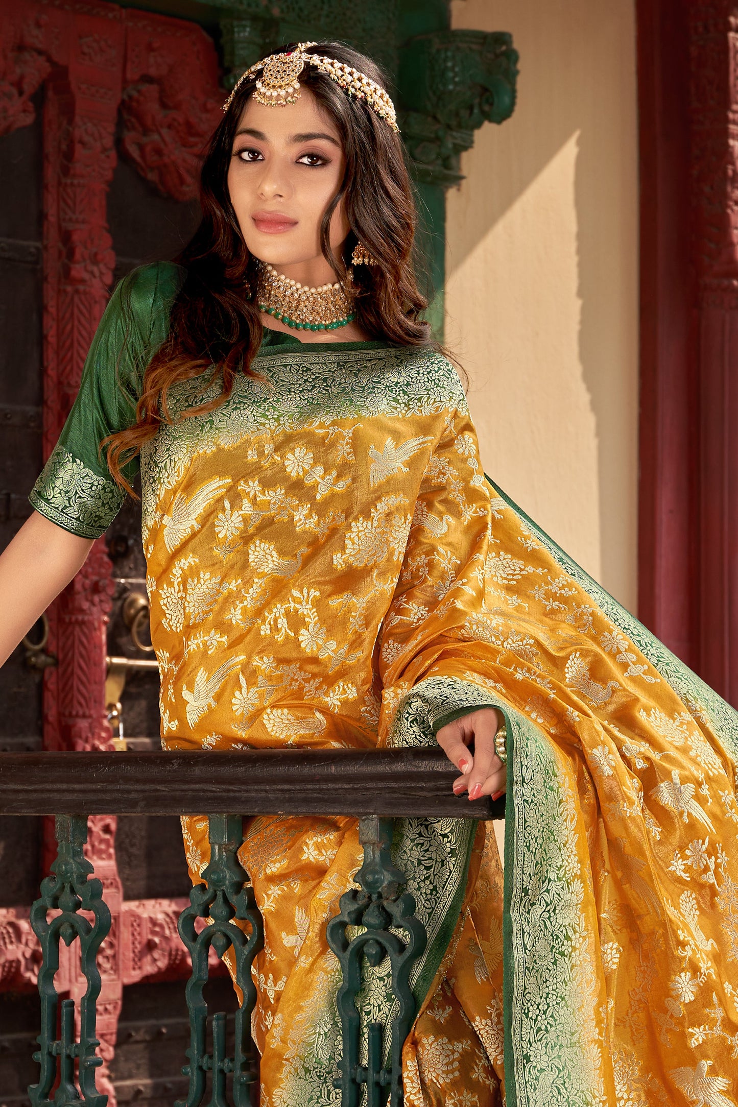 Women's Organza Silk Amber Colour Trendy Saree