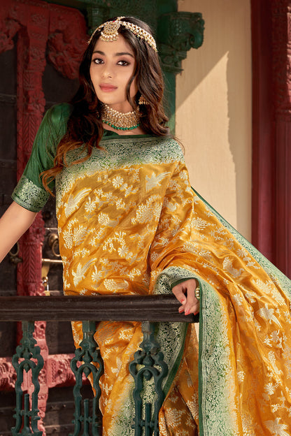 Women's Organza Silk Amber Colour Trendy Saree