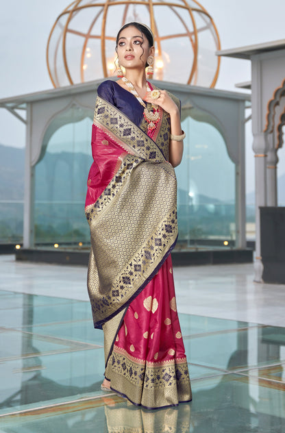 Women's Magenta Colour Organza Silk Designer Traditional Saree