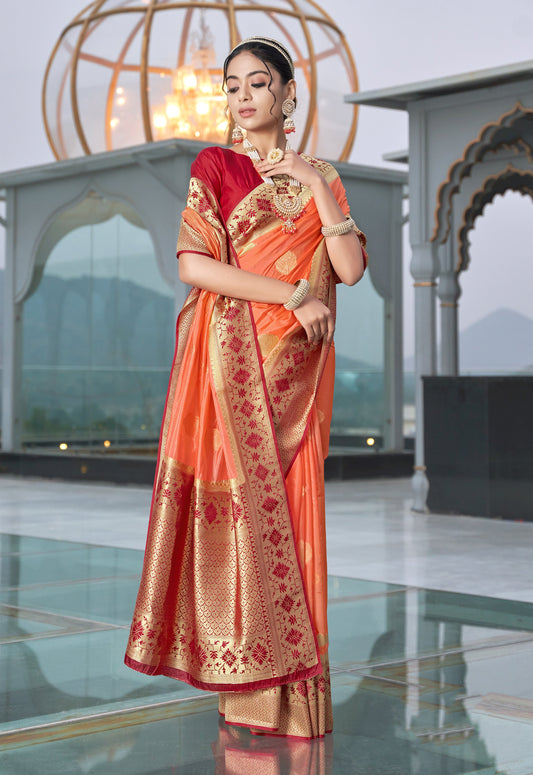 Women's Peach Colour Organza Silk Designer Traditional Saree