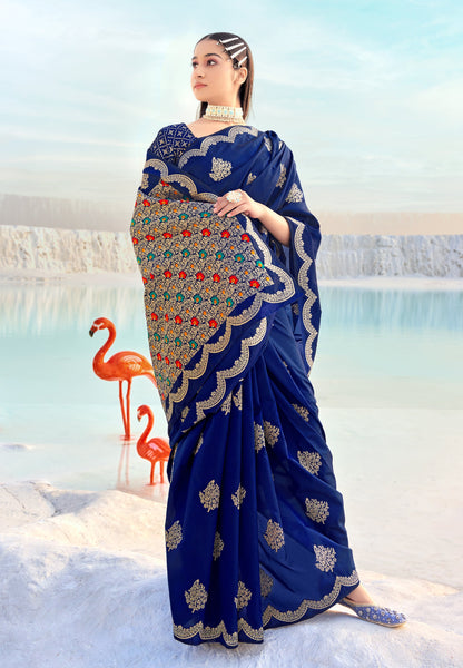 Women's Royal Blue Banarasi Silk Festival Traditional Designer Saree