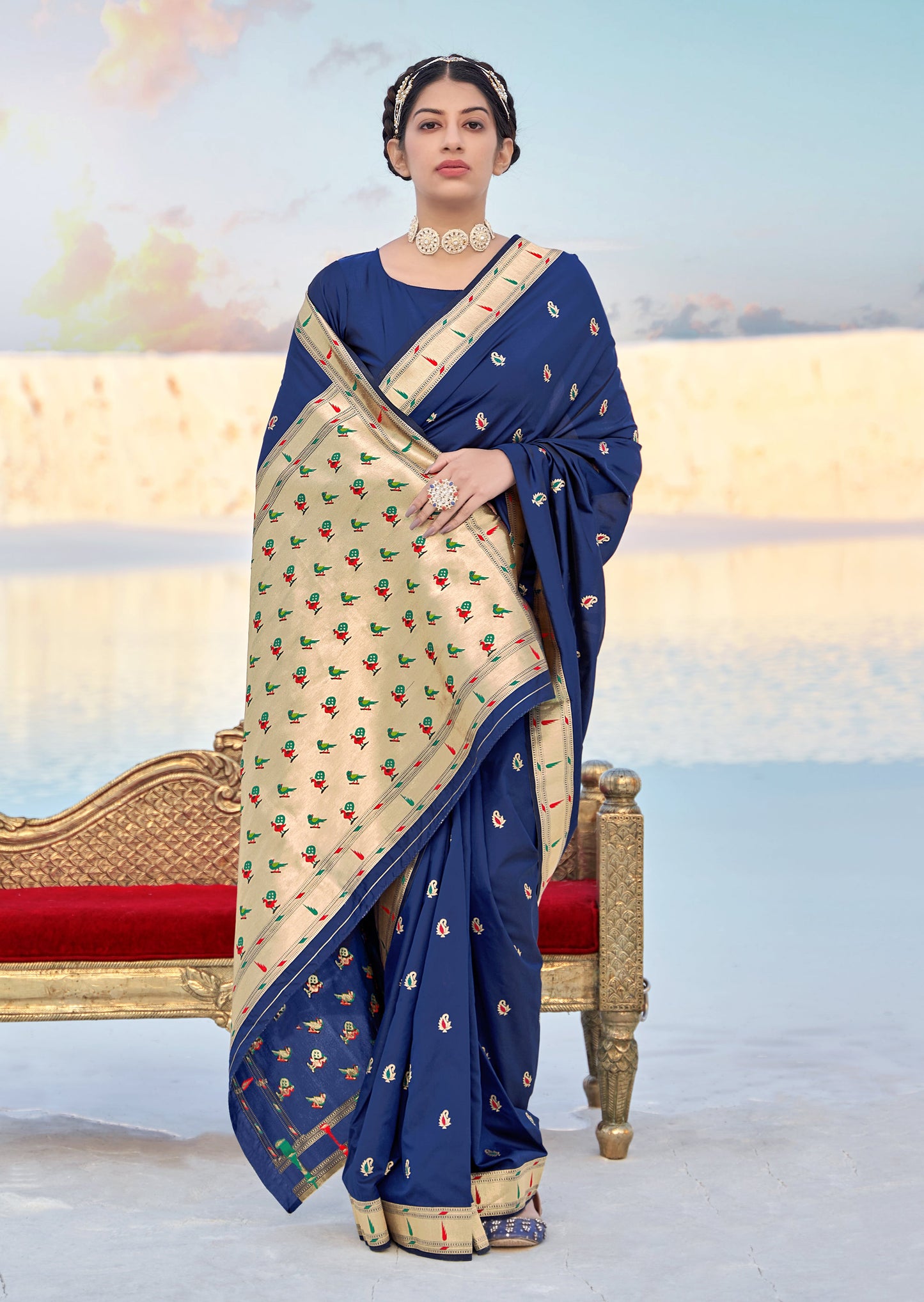 Women's Navy Blue Banarasi Soft Silk Weaving Traditional Designer Saree