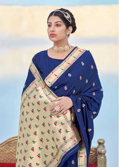 Women's Navy Blue Banarasi Soft Silk Weaving Traditional Designer Saree