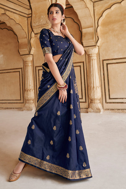 Women's Banarasi Silk Navy Blue Weaving Designer Traditional Saree