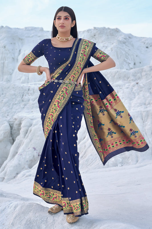 Women's Navy Blue Weaving Banarasi Silk Traditonal Saree