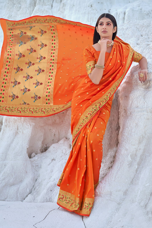 Women's Orange Weaving Banarasi Silk Traditonal Saree