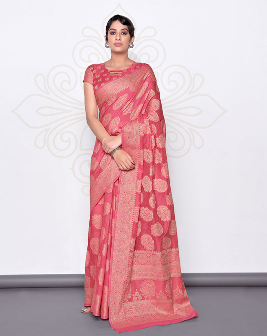 Women's Lakhnavi work Light Pink Cotton Silk Casual Saree