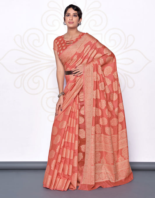 Women's Lakhnavi work Light Peach Cotton Silk Casual Saree