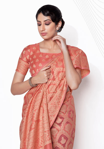 Women's Lakhnavi work Light Peach Cotton Silk Casual Saree