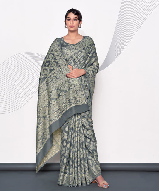 Women's Lakhnavi work Grey Cotton Silk Casual Saree