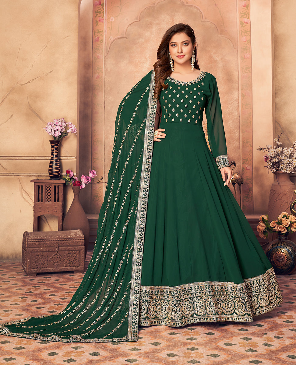 Women's Green Faux Georgette Festival Floor Length Designer Suit