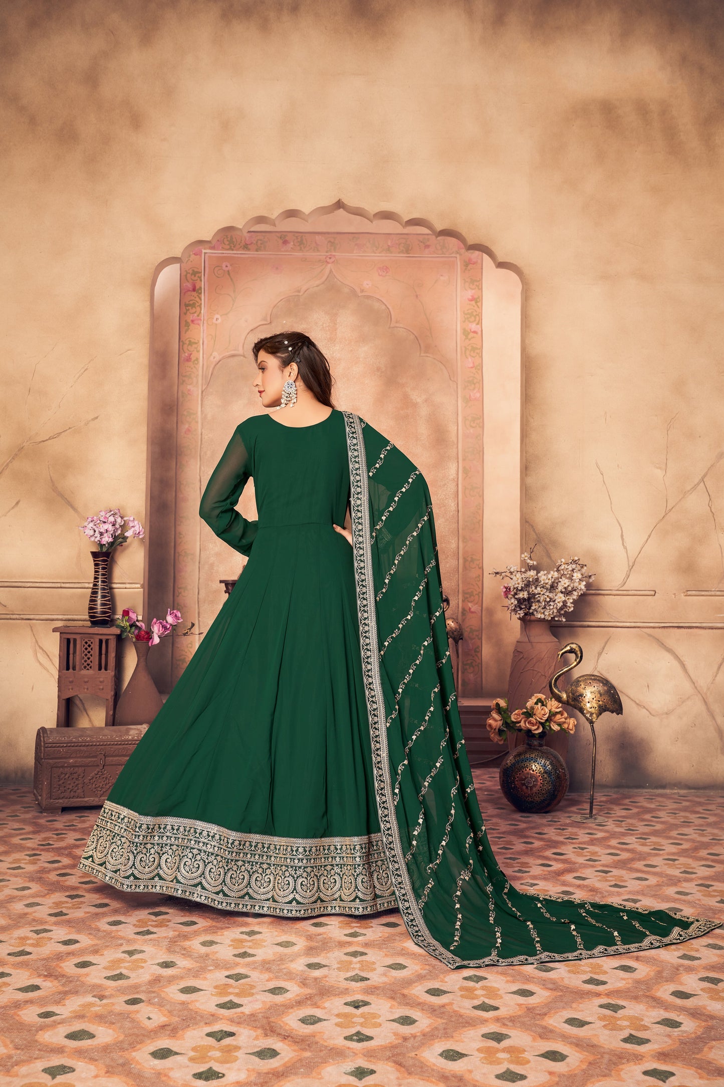 Women's Green Faux Georgette Festival Floor Length Designer Suit