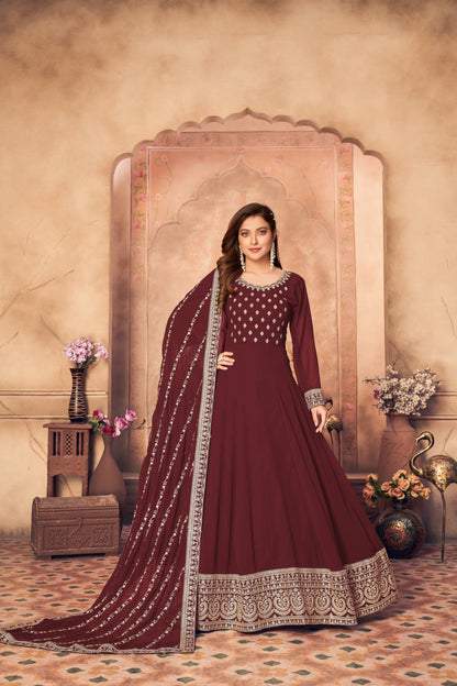 Women's Maroon Faux Georgette Festival Floor Length Designer Suit