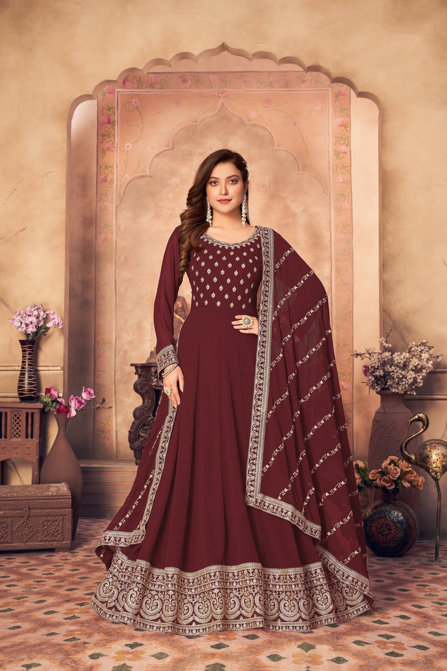 Women's Maroon Faux Georgette Festival Floor Length Designer Suit