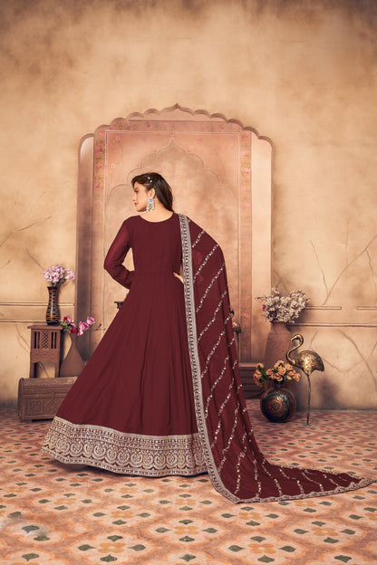 Women's Maroon Faux Georgette Festival Floor Length Designer Suit