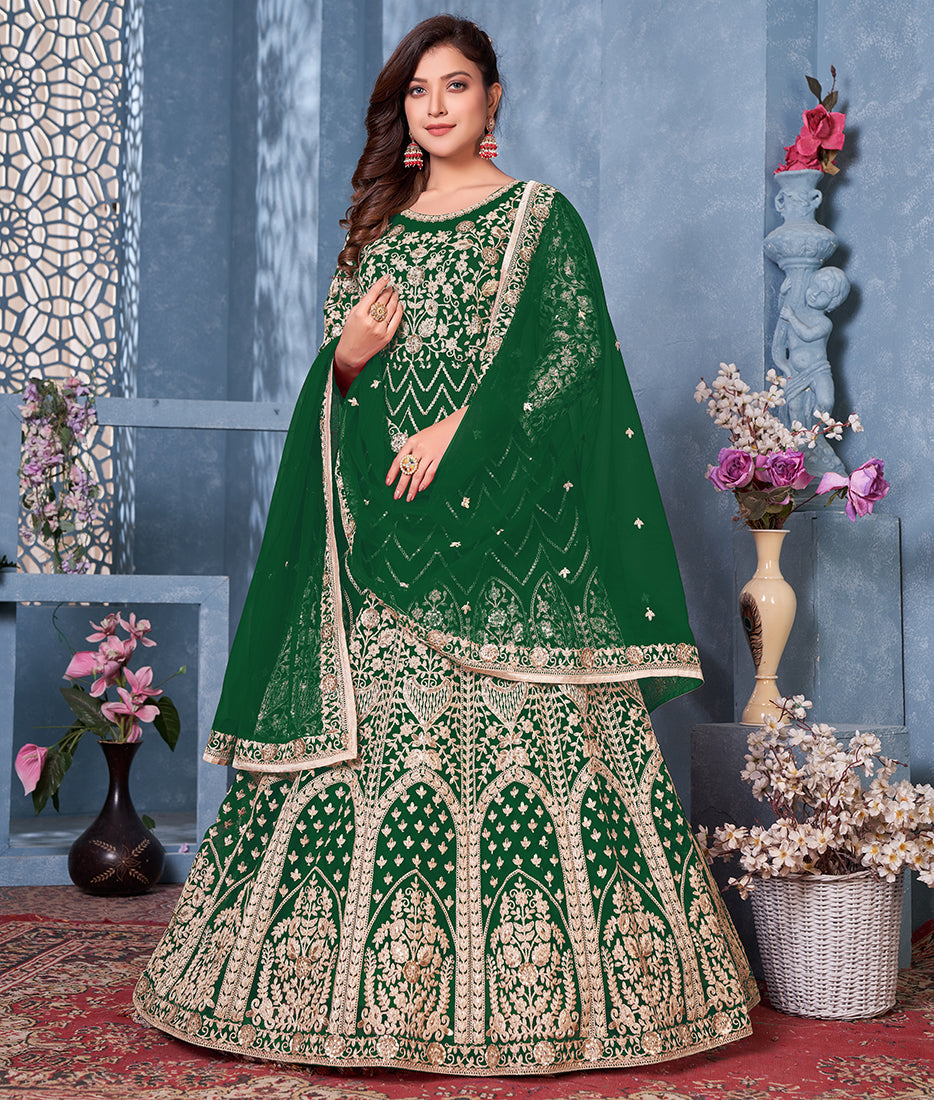 Women's Green Net Designer Floor Length Anarkali Suit