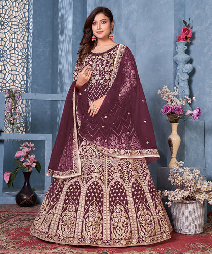 Women's Wine Net Designer Floor Length Anarkali Suit