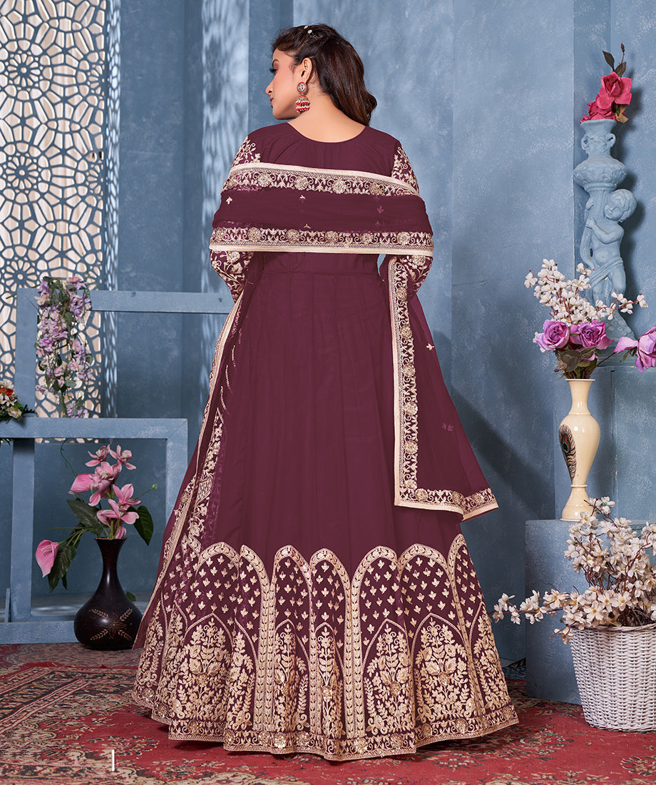 Women's Wine Net Designer Floor Length Anarkali Suit