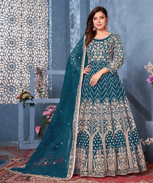 Women's Teal Net Designer Floor Length Anarkali Suit