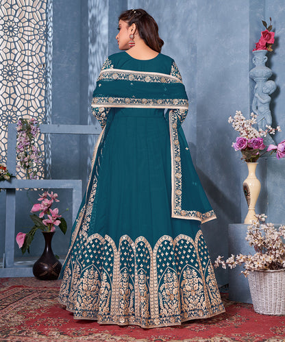 Women's Teal Net Designer Floor Length Anarkali Suit